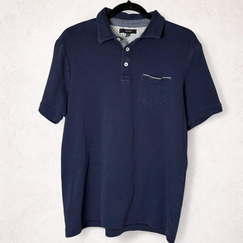 Tahari Men’s Navy Cotton Polo Shirt Pocket Tee Large